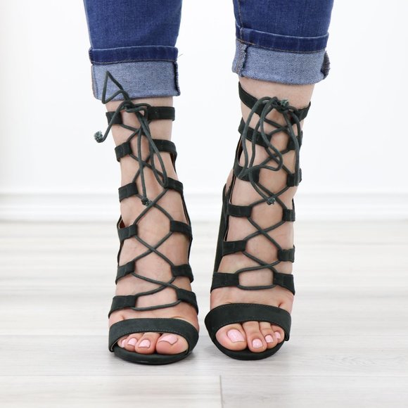Olive Open Toe Chunky Block Heel Open Toe Sandal Gladiator Laced-Up Style Shoes - Picture 9 of 11